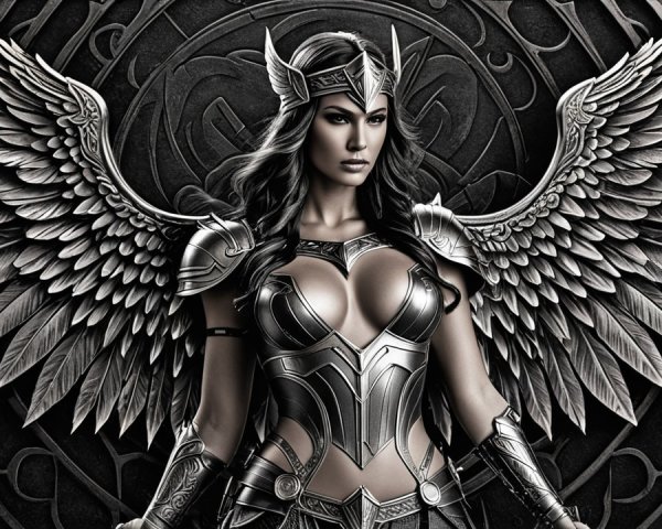 Woman in Silver and Black Armor with Detailed Wings