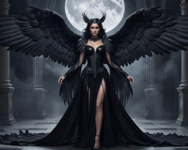 Dark Figure with Wings in Ornate Moonlit Setting