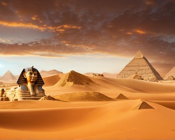 Egyptian Desert View with Great Sphinx and Pyramids