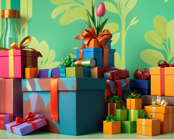 Colorful Gifts Surrounded by Greenery and Foliage