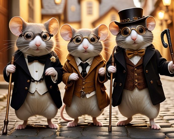 Victorian-Dressed Mice on Cobblestone Street