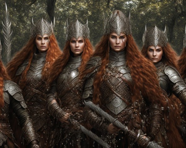 Six Warriors in Intricate Armor in Mystical Forest