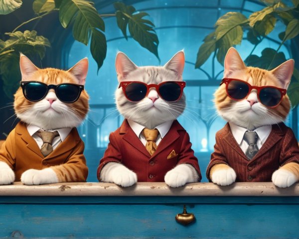 Dapper cats in suits at a blue countertop setting