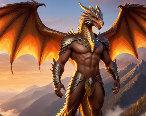 Muscular Humanoid Figure with Dragon Features on Mountain