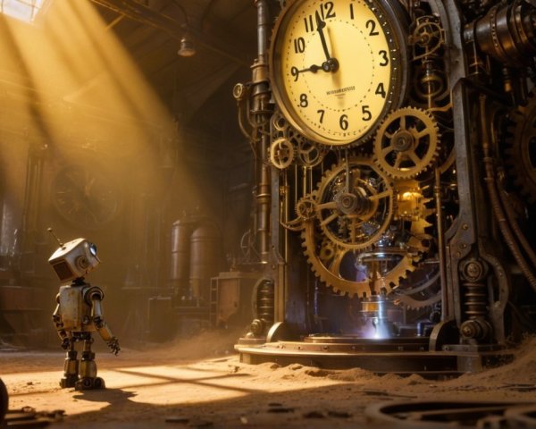 Curious Robot in Steampunk Workshop with Giant Clock