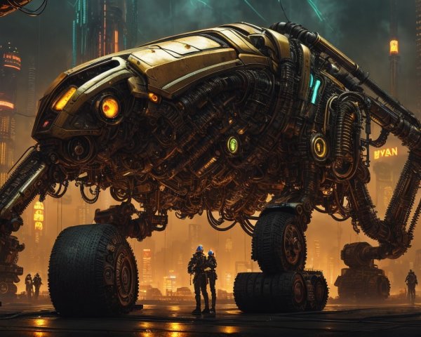 Futuristic Cityscape with Robotic Creature and Human
