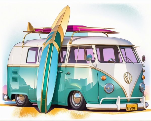 Vintage Volkswagen Van in Teal with Surfboards