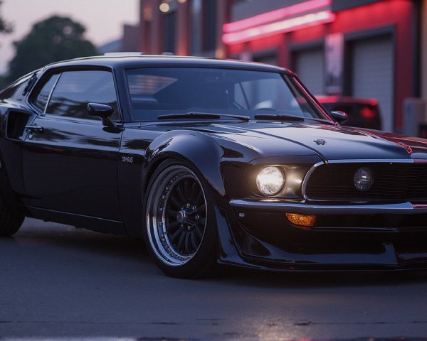 Classic Black Modified Mustang on Dimly Lit Street