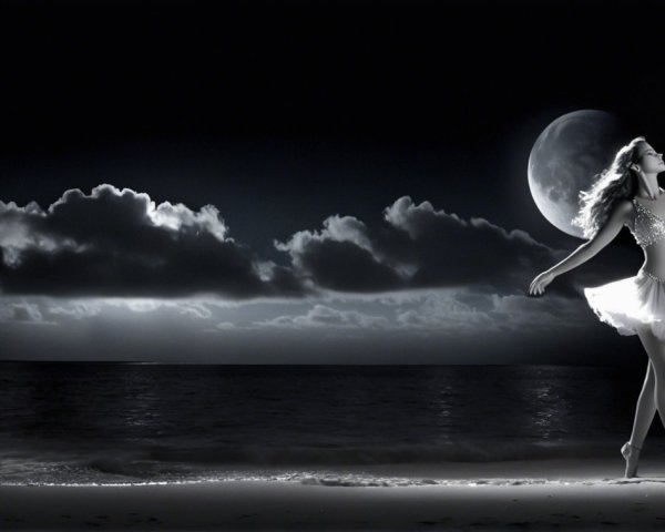 Dancer in White Tutu on Moonlit Beach Scene