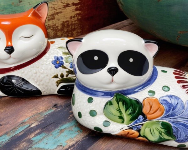 Charming Fox and Panda Decorative Pieces with Floral Patterns