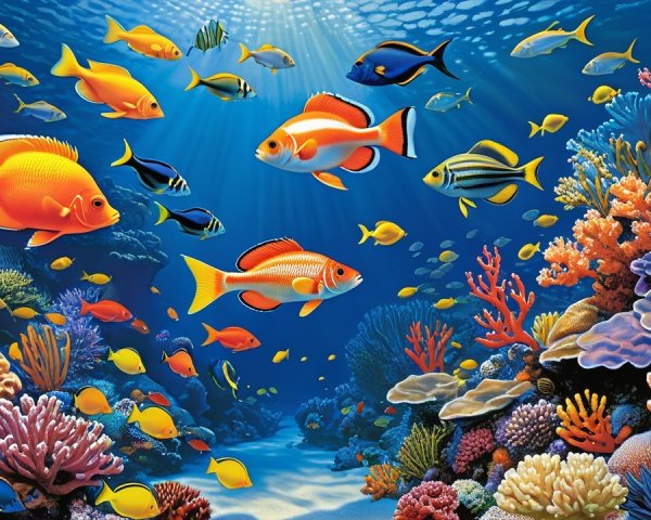 Vibrant Underwater Scene with Colorful Fish and Coral