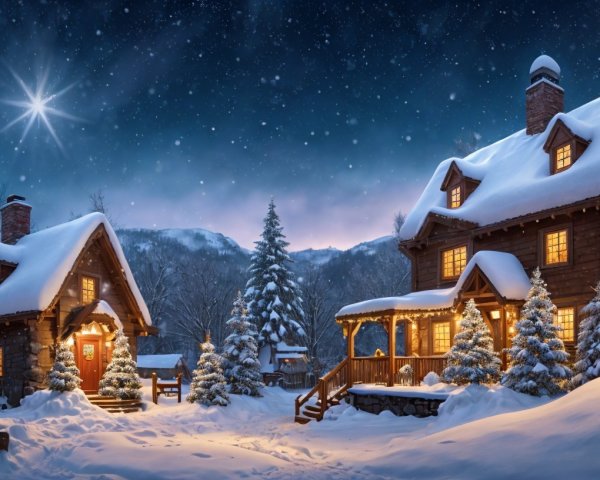 Winter Night Scene with Snowy Cabins and Stars