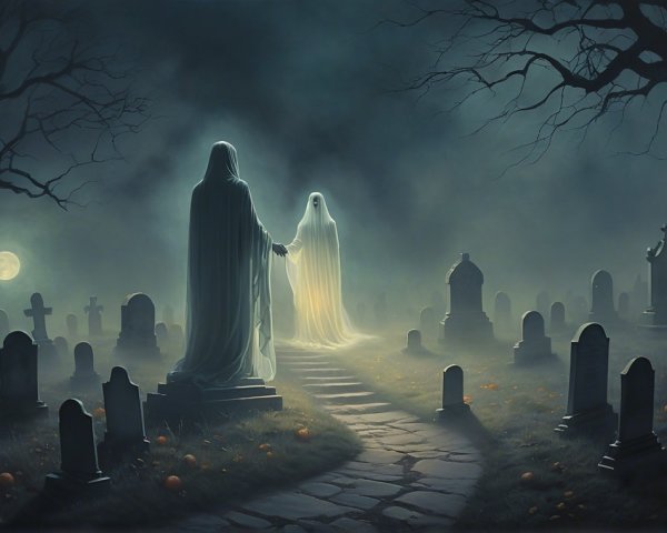 Ethereal Figures in a Misty Graveyard at Night