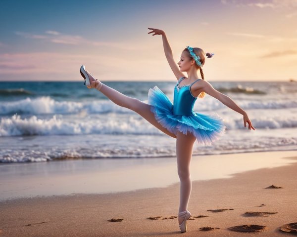 Ballet Dancer in Blue Tutu at Sunset on Beach