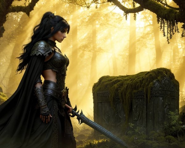 Mysterious Warrior in Enchanting Sunlit Forest