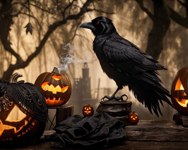 Dark Halloween Scene with Raven and Jack-o'-Lanterns