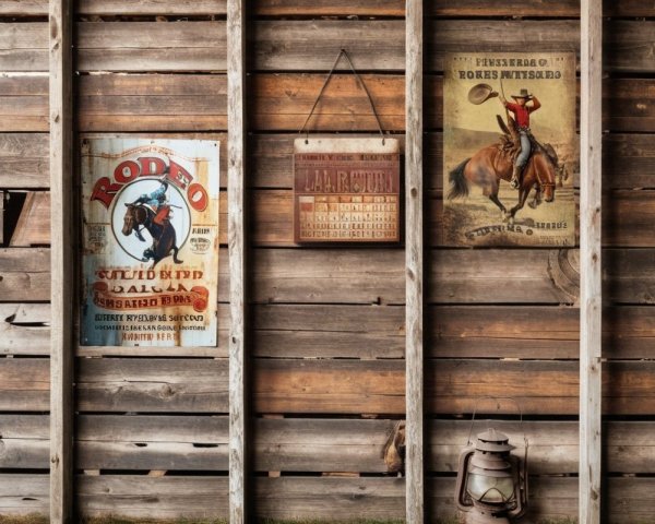 Rustic Wooden Wall with Vintage Rodeo Posters