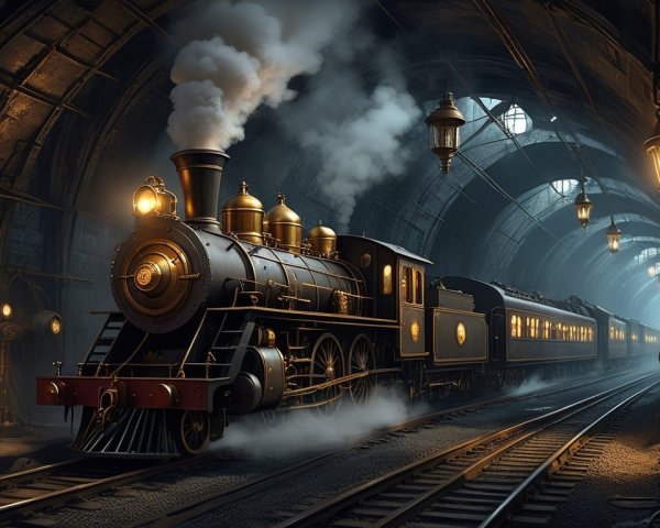 Vintage Steam Locomotive in Dimly Lit Tunnel