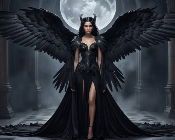 Gothic Scene with Black Gown and Jet-Black Wings