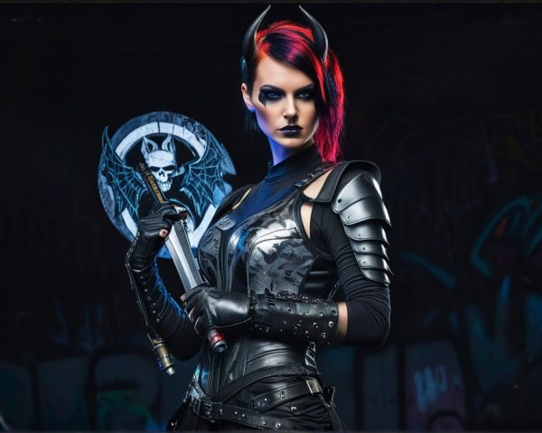 Fierce Warrior in Black Armor and Graffiti Background