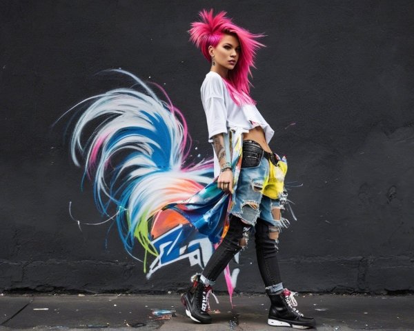 Confident Individual with Pink Hair Against Dark Wall