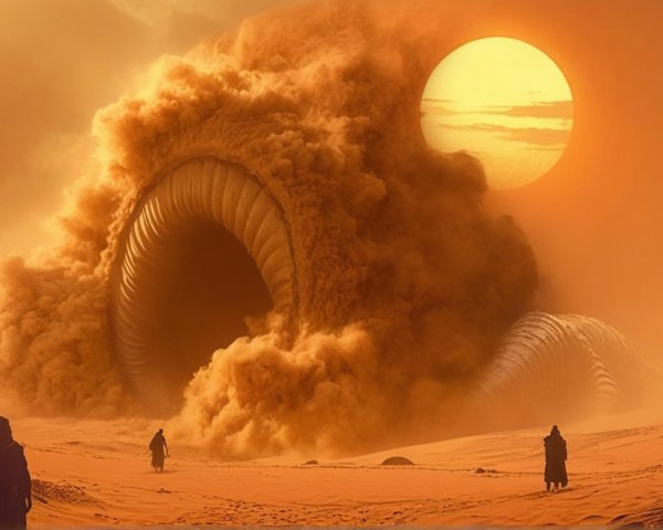 Surreal Desert Landscape with Dust Cloud Creature