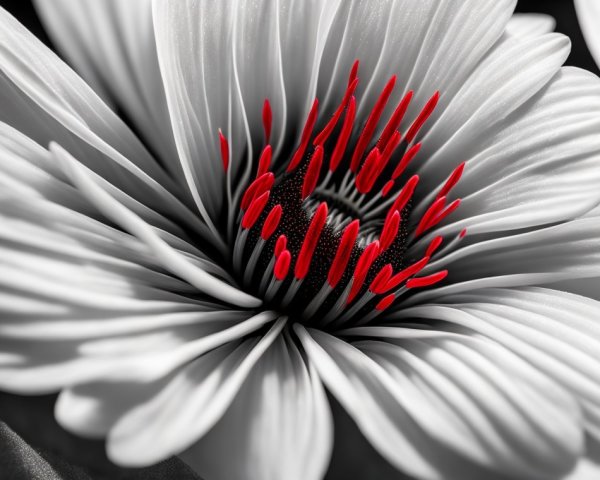 Black and White Flower with Red Stamen Contrast