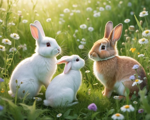 Rabbits in a Meadow Surrounded by Wildflowers
