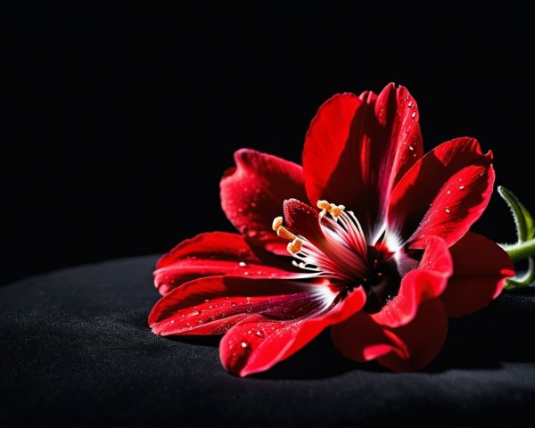 Red Flower on Dark Surface with Water Droplets