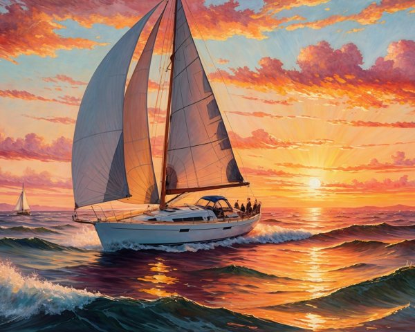 Sailboat at Sunset with Vibrant Sky and Waves