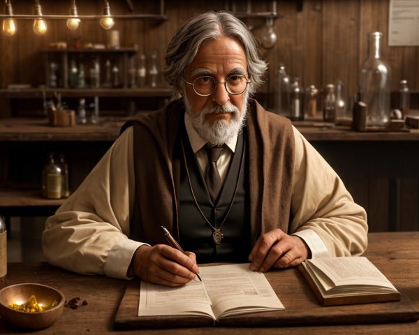 Elderly man writing in a rustic laboratory setting