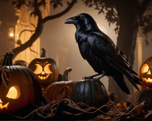 Raven on Black Pumpkin in Spooky Halloween Scene