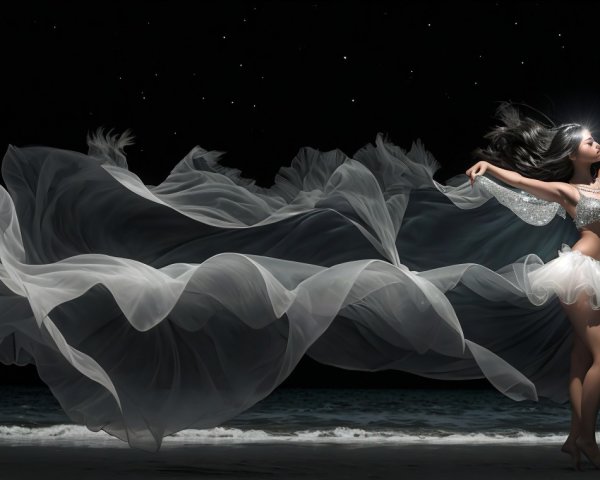 Dancer in shimmering outfit twirls on serene beach at night