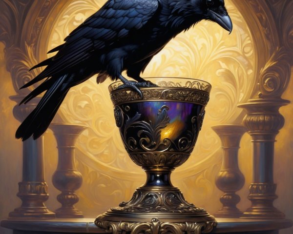 Glossy Black Crow on Ornate Golden Chalice with Liquid