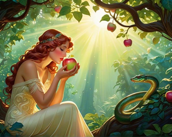 Enchanting Forest Scene with Woman and Serpent