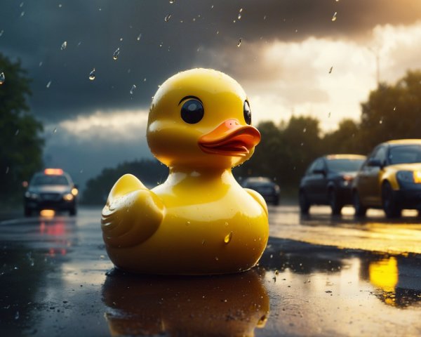 Large Yellow Rubber Duck on Rainy Urban Road