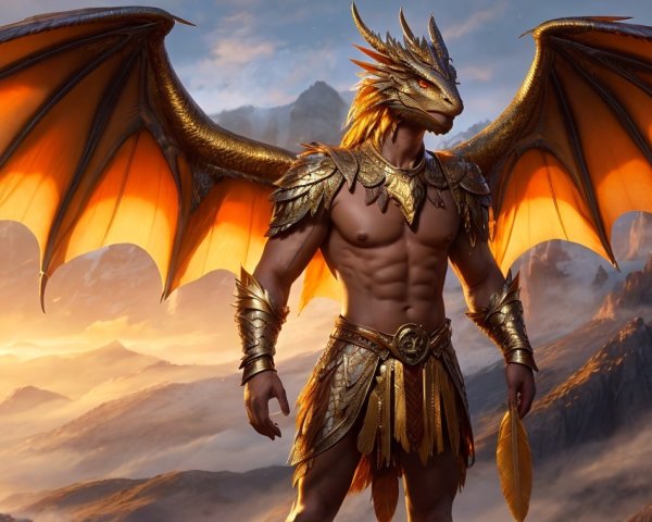 Majestic dragon warrior in golden armor against mountains