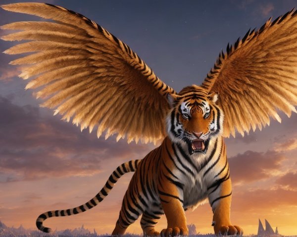 Tiger with Wings Against a Dramatic Sunset Sky