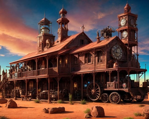 Steampunk-Inspired Building in Desert Sunset Landscape