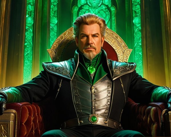 Regal Figure on Ornate Throne with Emerald Accents