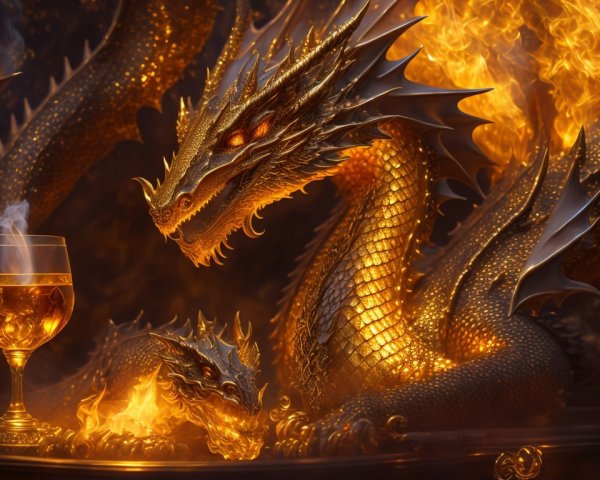Majestic dragon with goblet and flames in background