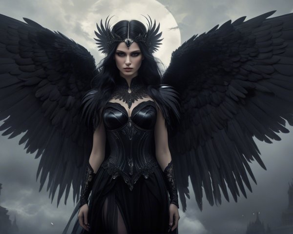 Gothic figure with dark wings and moody backdrop