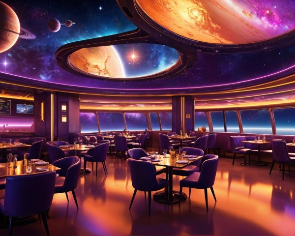 Futuristic Restaurant with Cosmic Ceiling and Decor