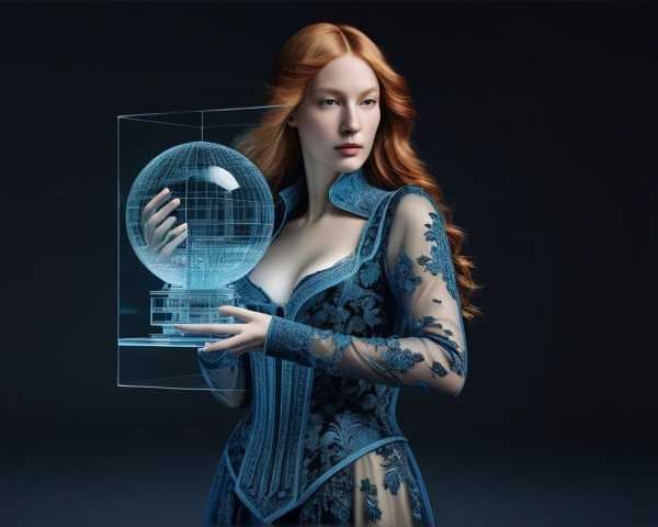 Elegant Woman in Blue Gown with Holographic Globe