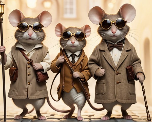 Stylish Mice in Elegant Clothing on Cobblestone Street