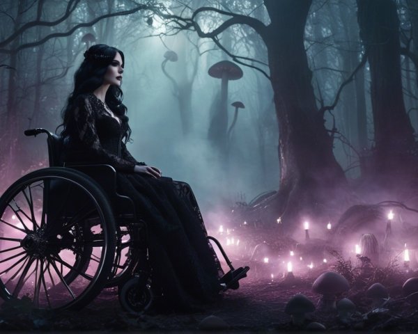 Woman in Wheelchair Surrounded by Luminous Mushrooms