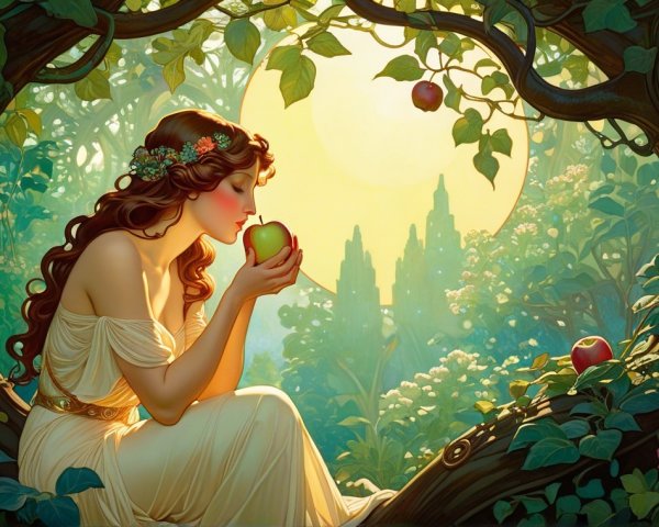 Ethereal Forest Scene with Woman and Red Apple