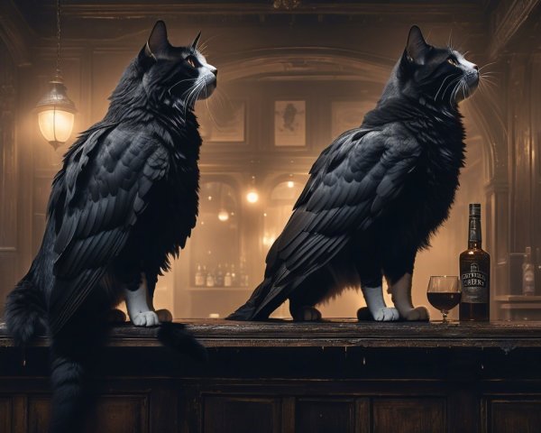 Black Cats with Wings in a Cozy Bar Setting