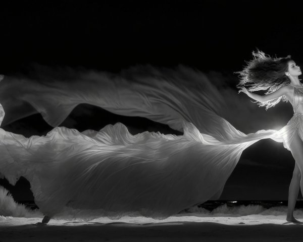 Graceful Dance in White Gown: Black-and-White Photo