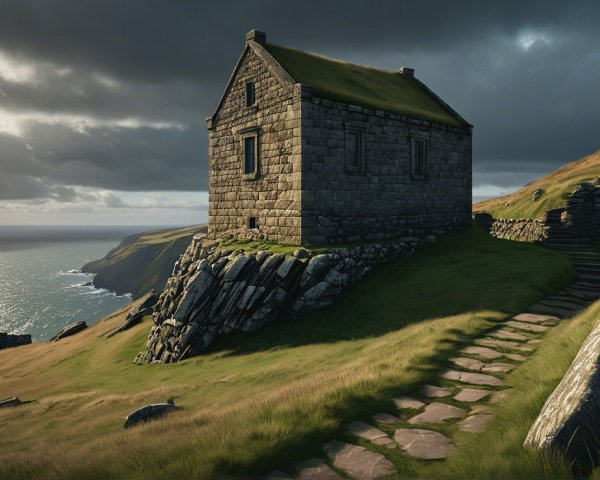 Stone Dwelling on Hill Overlooking Water and Sky